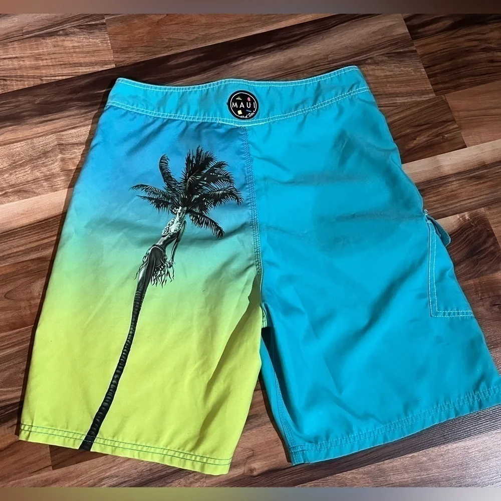 HULA GIRL Maui & Sons Palm Tree Blue Board Shorts - Limited Edition - RARE!